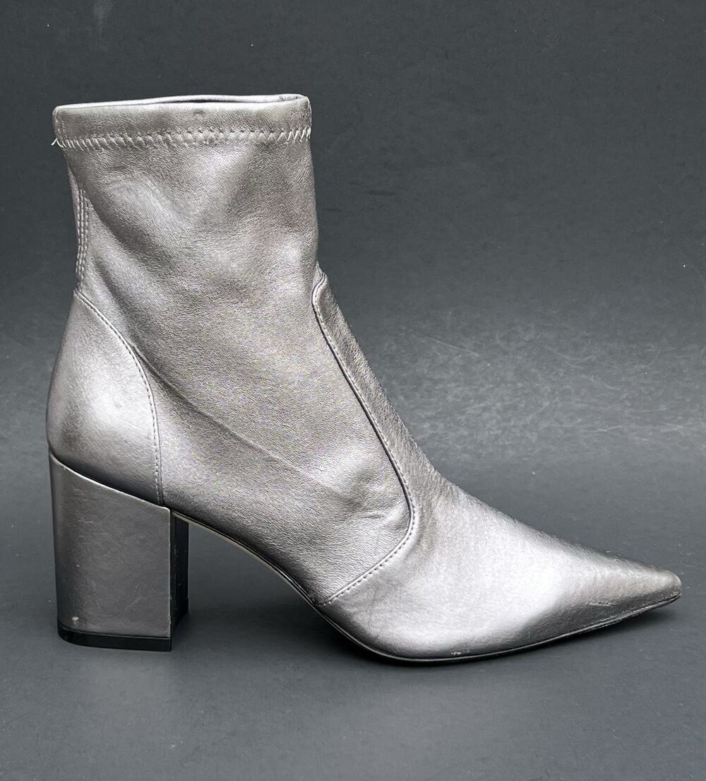 Stuart Weitzman Stuart 75 Block Stretch Silver Leather Bootie Women's 6.5 US